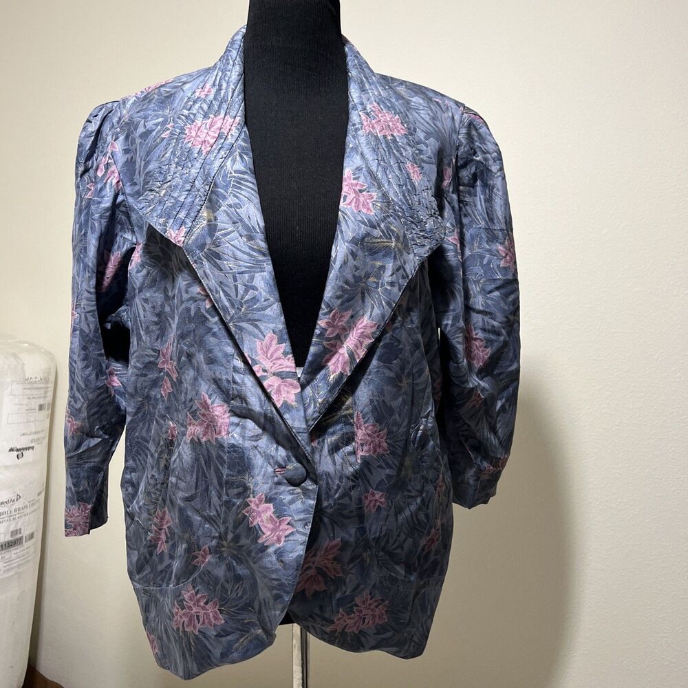 Vintage Thai Silk Blazer Jacket 100% Silk Floral Blue Gray Pink Women's L